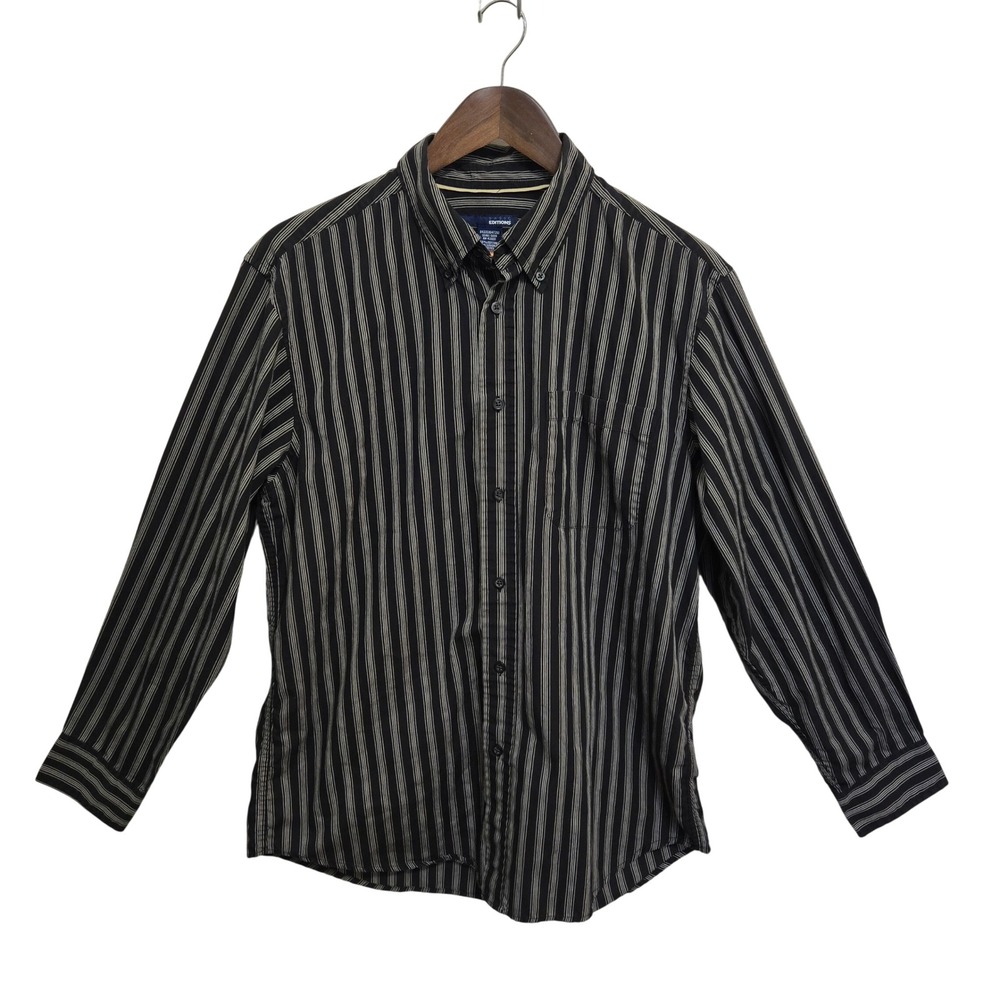 Vintage 90s Basic Editions Black Striped Button Down Shirt Womens Medium Long SL